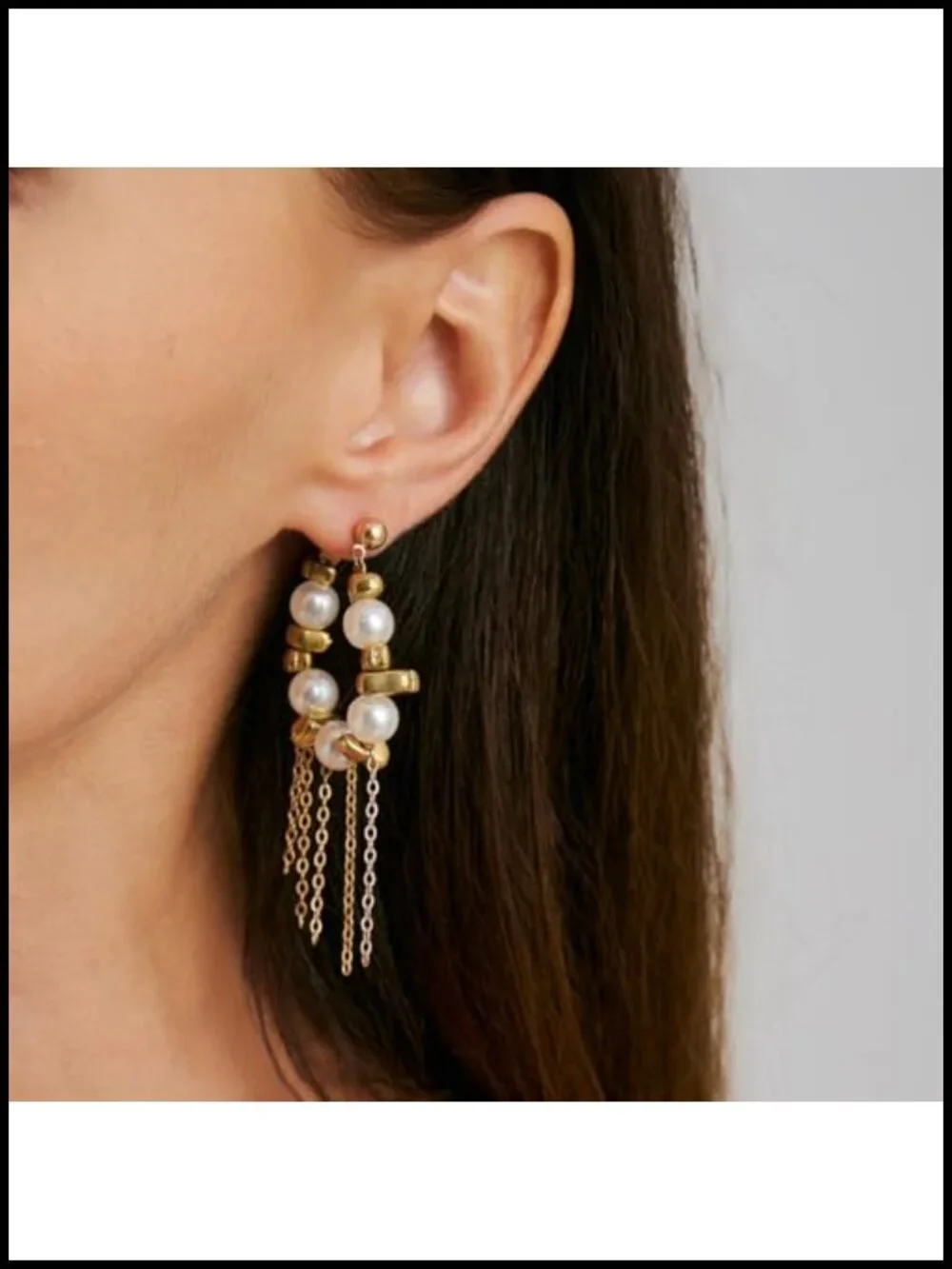 Gold Pearl Huggie Hoop Earrings Dainty Beaded Tassel Chain Dangle for Women
